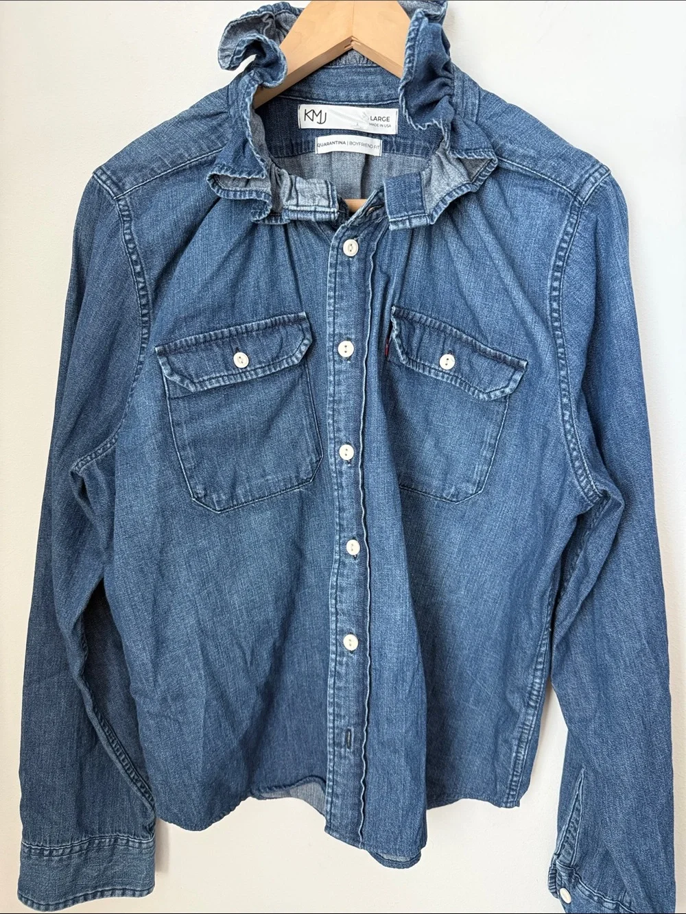 KML Ruffled Collar Denim Button-Up Shirt - Blue Size L - Picture 2 of 10